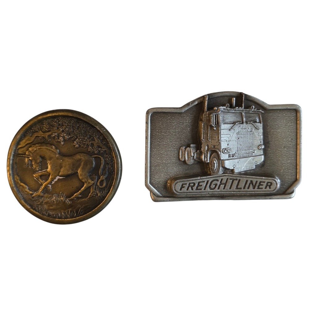 Vintage 1970s Belt Buckle Lot Freightliner Truck Tonkin Indiana Metal Unicorn